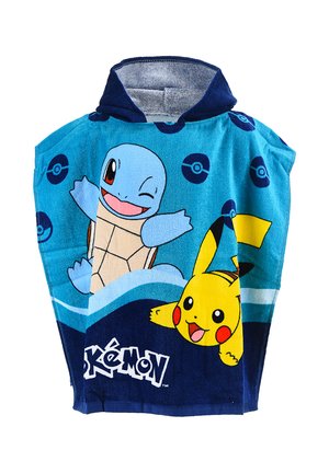 Kinderkapuzenhandtuch mit den Figuren Squirtle und Pikachu auf blauem Hintergrund und Pokémon-Logos.
