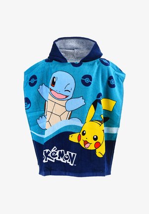 Dziecięcy ręcznik z kapturem z postaciami Squirtle i Pikachu na niebieskim tle i logo Pokémon.