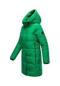 Abrigo puffer verde con capucha, con un diseño acolchado, botones de solapa, cremalleras laterales y detalles de acento negros en los puños y la manga.
