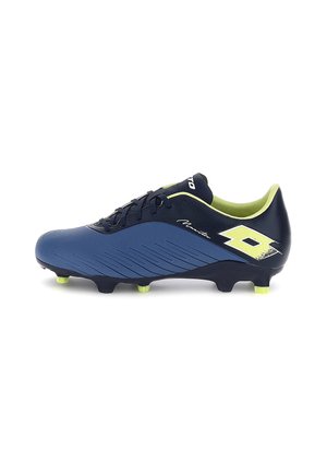 Crampon de football bleu et noir avec intérieur vert citron et crampons, avec un logo blanc et jaune sur le talon et des lacets noirs sur le côté.