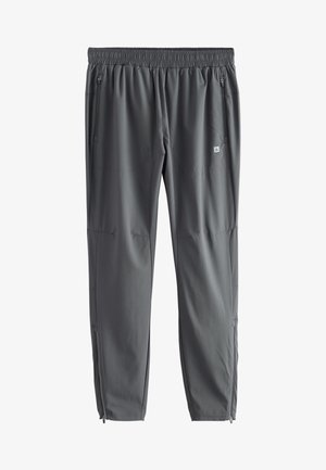 Dark gray athletic pants with elastic waistband, zippered side pockets, and ankle zippers, shown flat on white background.