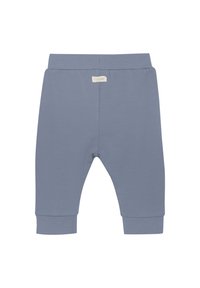 Hellblaue Baumwollhosen für Säuglinge mit einem weichen, elastischen Bund und gerippten Bündchen. Enthält ein kleines Etikett auf der Rückseite.