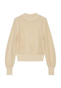 Jasno beżowy sweter z dzianiny z fakturowanym wzorem w plastry miodu, ściągaczem w dekolcie typu boat oraz dopasowanymi mankietami. Luzny krój.