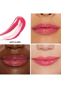 Lippenbalsem swatch in levendig roze, gecombineerd met drie close-ups van lippen in verschillende tinten: lichtroze, diepbruin en zachtroze, allemaal glanzend.