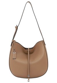 Jasnobrązowa torebka na ramię z ziarnistej skóry z regulowanym paskiem, dekoracyjnym paskiem z przodu oraz małą zawieszką z metalu.