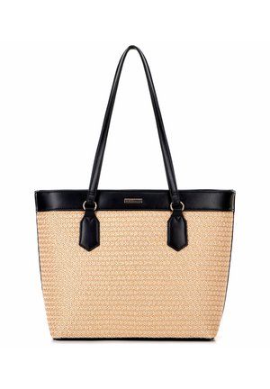 Sac fourre-tout tissé beige avec des accents en simili cuir noir, doté de deux poignées robustes et de détails hexagonaux sur les côtés.