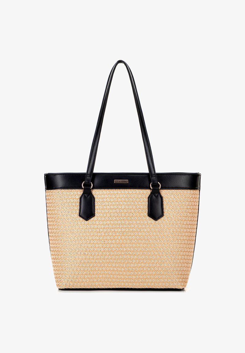 Beige gevlochten schoudertas met zwarte synthetische leren accenten, met twee stevige handvatten en hexagonale details aan de zijkanten.