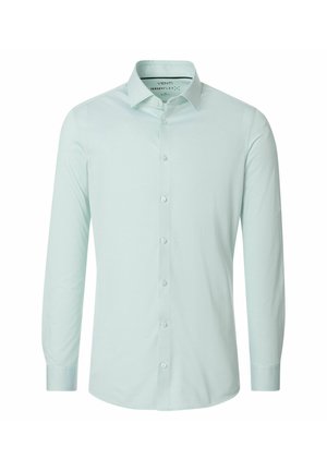 Jasnozielona, męska koszula wizytowa z długim rękawem, z kołnierzem typu spread i zapinana na guziki, pokazana na jednolitym białym tle.