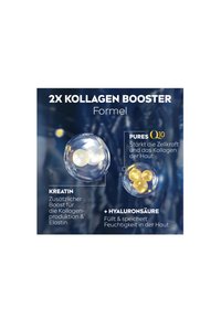 Collagen booster product graphic featuring two transparent spheres with golden contents, against a dark blue background with white text.