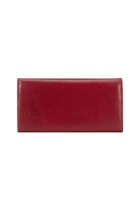 Portafoglio in pelle rossa, design elegante, forma rettangolare, texture liscia, cuciture minime, senza hardware o accenti visibili.