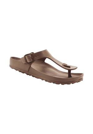 Brown rubber thong sandal with adjustable buckle strap and contoured footbed, angled on white background.