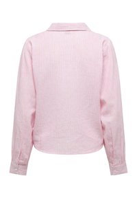 Camicia a maniche lunghe a righe rosa e bianche con colletto e polsini abbottonati, caratterizzata da un orlo arrotondato e un tessuto leggero.