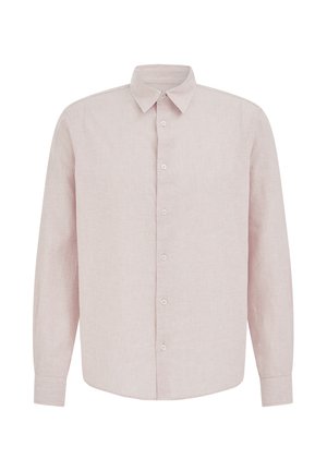 Chemise boutonnée beige clair à manches longues avec col pointu et texture côtelée, présentée sur un fond blanc.