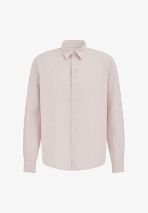 Svetlo béžová košeľa s dlhým rukávom na gombíky, so špicatým golierom a žíhanou textúrou, zobrazená na bielom pozadí.