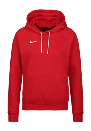 Rød Nike hættetrøje med hvide snore, front-kængurulomme og hvid Nike swoosh-logo på brystet.