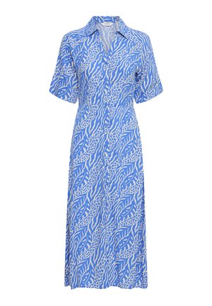 Modra in bela obleka do kolen z gumbi in kratkimi rokavi ter abstraktnim vzorcem živalskega tiska.