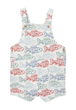 Combinaison blanche pour enfants avec des motifs de poissons rouges, bleus et verts et de petits boutons en bois sur les bretelles et les côtés.
