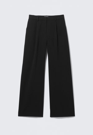 Black wide-leg trousers with belt loops, front pleats, and a hidden front closure, displayed on a white background.