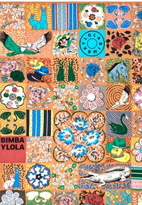 Tela multicolorida con un patchwork de patrones florales, animales y geométricos sobre un fondo naranja, con diversas texturas y diseños.