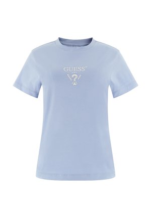 Light blue cotton t-shirt with short sleeves, rounded neckline, and embroidered "GUESS" logo at the center. Smooth texture and classic shape.