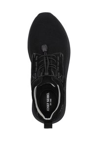 Black athletic shoe featuring a mesh upper, elastic laces, textile lining, and a pull tab. The sole is durable with a textured finish.