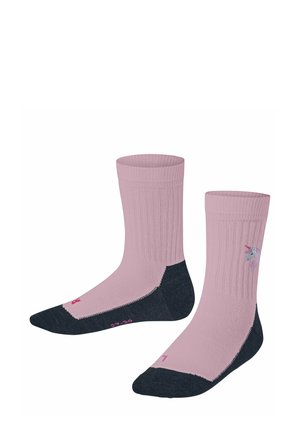 Rosa knielange Socken mit gerippter Textur und dunkelblauen Fersen und Zehen. Mit einem Einhornmotiv und kontrastierenden Nähten.