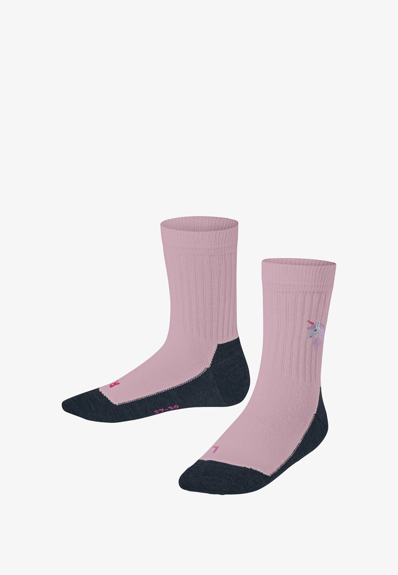Rosa knielange Socken mit gerippter Textur und dunkelblauen Fersen und Zehen. Mit einem Einhornmotiv und kontrastierenden Nähten.