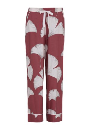 Pantalon de pyjama bordeaux avec des imprimés de feuilles de ginkgo blanches, un cordon blanc à la taille et un passepoil blanc aux ourlets.