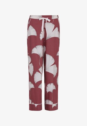 Pantaloni del pigiama color marrone rossiccio con stampe di foglie di ginkgo bianche, coulisse bianca in vita e piping bianco agli orli.