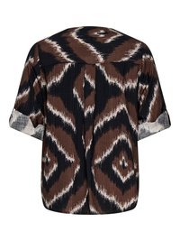 Brown and black short-sleeve shirt featuring a zigzag pattern, lightweight fabric with a textured finish, and contrasting white accents on sleeves.