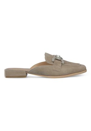 Gray suede slip-on shoes with a small block heel, featuring a decorative silver buckle on the upper and a rounded toe design.