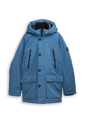 Blauer gepolsterter Parka mit Kapuze, ausgestattet mit schwarzen Reißverschlusstaschen, großen Fronttaschen und Knopfverschluss. Textilmaterial für Isolierung.