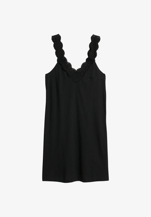 Czarny top na ramiączkach z falistą koronkową lamówką przy dekolcie i szerokimi ramiączkami. Charakteryzuje się prostym wzornictwem i miękką fakturą materiału.