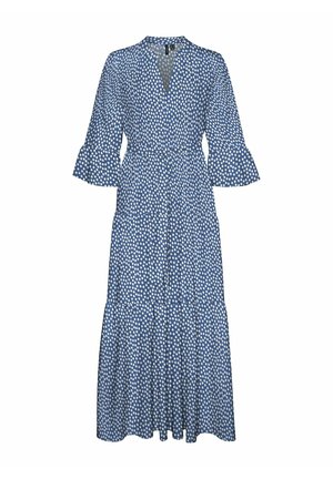 Blå kjole med hvid blomstertryk, v-halsudskæring, 3/4 bellærmer og en lagdelt nederdel. Fremstillet af letvægtsstof for en flydende pasform.