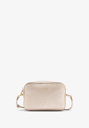 Geantă crossbody Liujo în bej metalizat, formă rectangulară. Fabricată din material texturat cu un accent logo auriu. Include un bretele ajustabil.