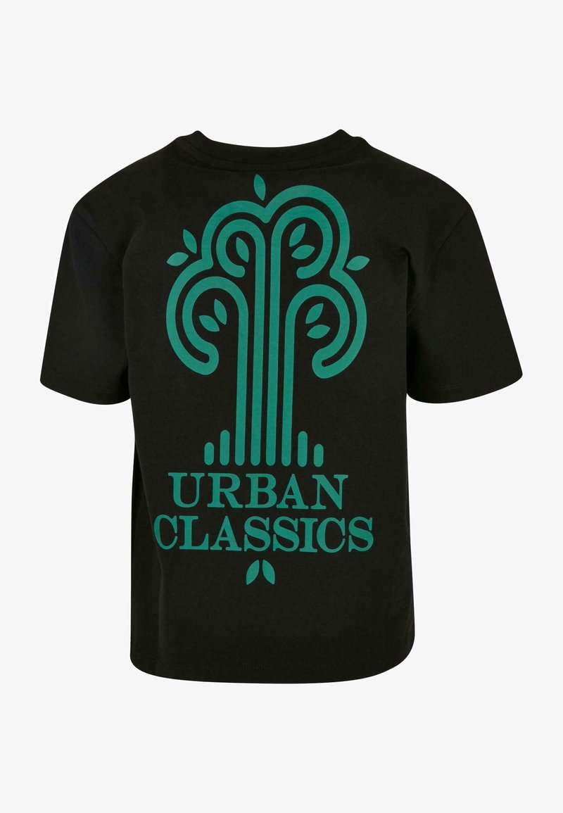 Svart t-skjorte med korte ermer som har en teal grafisk design med svevende linjer og blader. Inkluderer teksten "URBAN CLASSICS" nederst.
