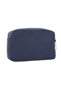 Marinblå rektangulär kosmetikväska i texturerad tyg, med dragkedja, sidoficka och hållbar design.