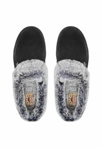 Pantofole nere con fodera in pelliccia sintetica grigia, punta arrotondata e dettagli cuciti. La morbidezza e la texture soffice aumentano il comfort. Etichetta visibile all'interno.