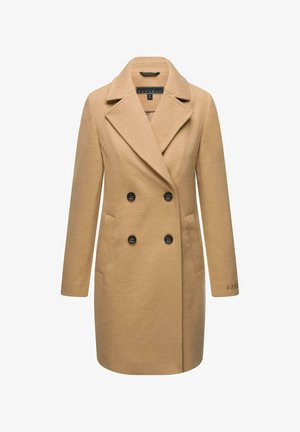 Kamel farbenener zweireihiger Mantel mit Reverskragen, schwarzen Knöpfen, seitlichen Taschen und einem strukturierten Stoff. Markenname auf dem Ärmel.