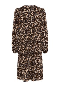 Leopardenmuster-Kleid aus weichem Stoff, mit langen Puffärmeln, lässiger Passform und geradem Saum, in einer beige-schwarzen Farbgestaltung.