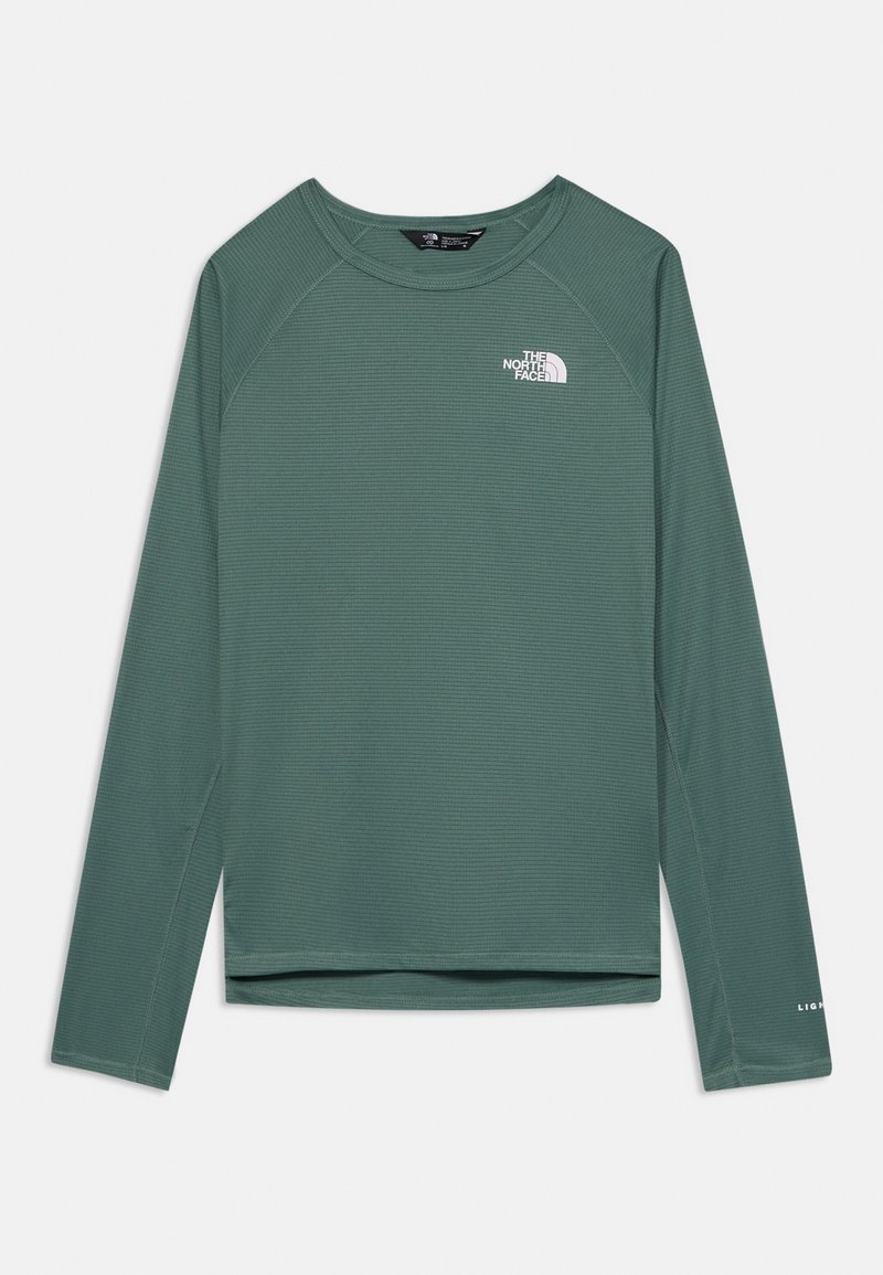 Grön långärmad skjorta med en strukturerad design, rund halsringning och logotypdetaljer i vitt på bröstet och ärmen.