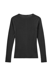 Dugi rukav, crna majica od teksturirane tkanine s rebrastim uzorkom i okruglim izrezom. Nema vidljivih dijelova ili akcenata.