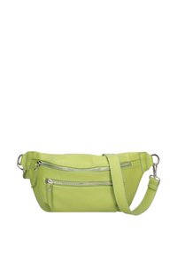 Groene leren handtas met meerdere ritszakken, verstelbare schouderband, gladde textuur en minimalistisch ontwerp.