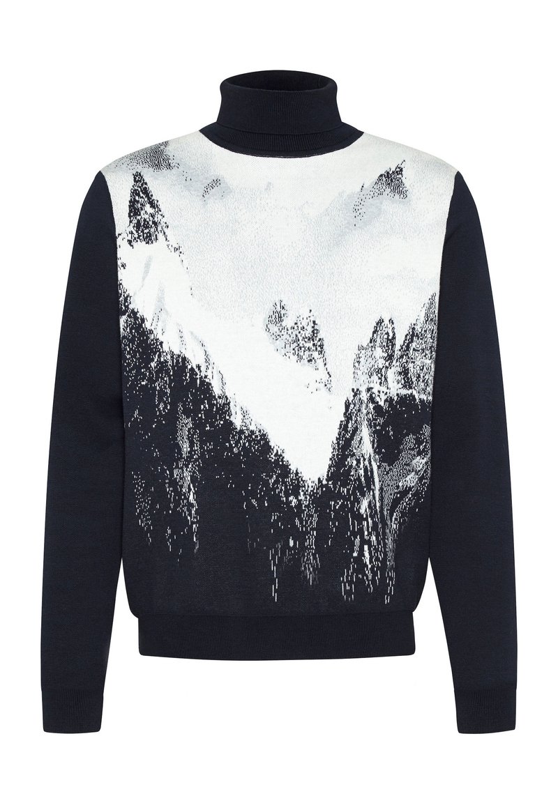 Marineblauer Pullover mit hohem Kragen, der ein Bergmotiv in Weiß und Schwarz über der Brust aufweist. Hergestellt aus weichem, strukturiertem Stoff.