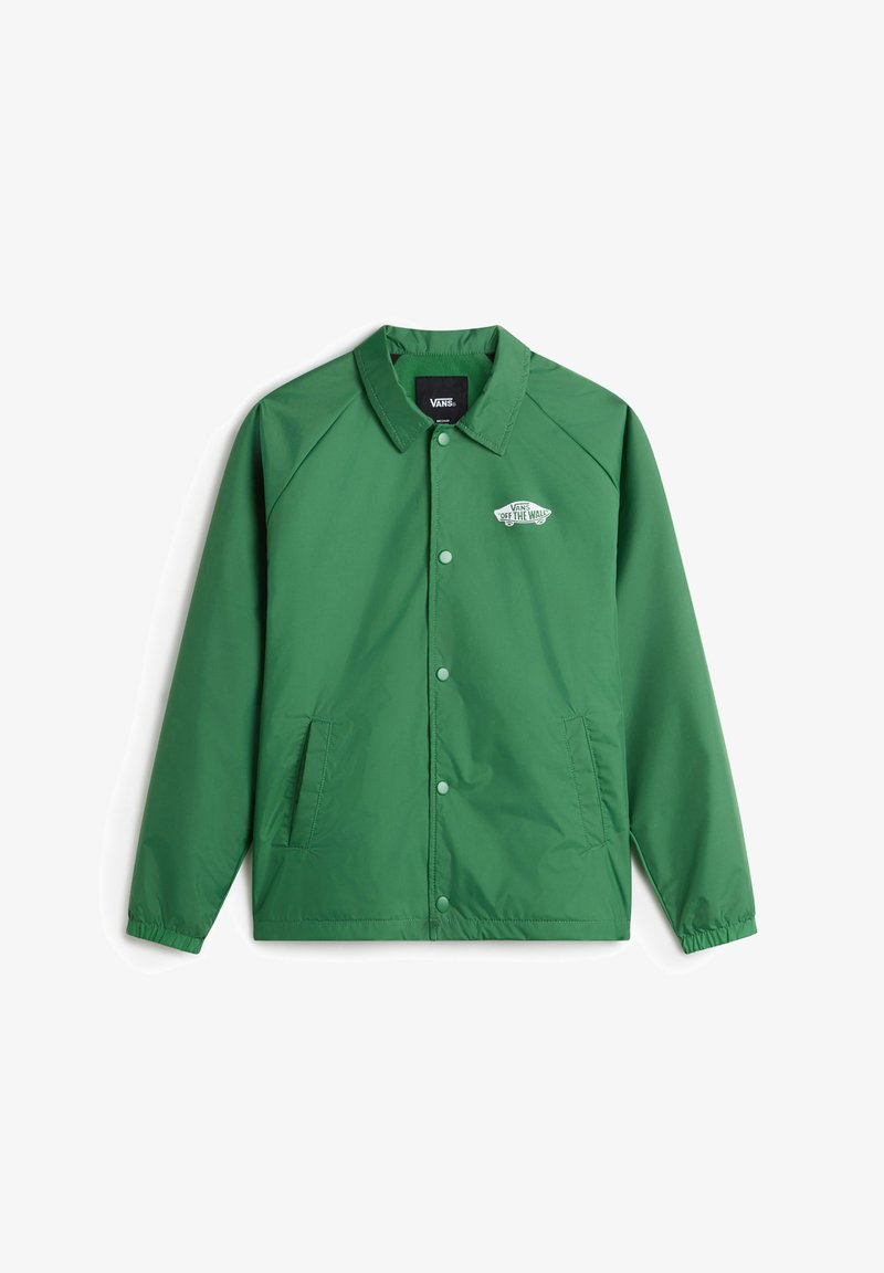 Green lightweight jacket with snap buttons, side pockets, and a collar. Features "Vans Off the Wall" logo on the left chest. Smooth texture.
