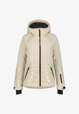 Crème pufferjack met een glanzende afwerking, voorzien van een capuchon, zwarte ritssluiting en zijzakken. Gelaagde panelen en elastische manchetten.