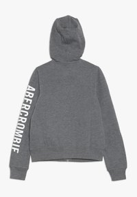 Felpa grigia con cappuccio e chiusura con zip. Presenta un logo bianco sulla manica sinistra. Realizzata in un materiale misto cotone testurizzato.