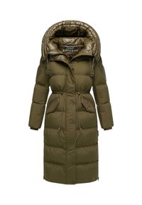 Olijfgroene pufferjas met een gequiltde textuur, oversized capuchon, verstelbare taille, ritszakken en drukknoopsluitingen.
