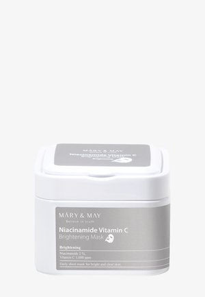 Hvid firkantet beholder med MÁRY & MAY Niacinamide Vitamin C Brightening Mask med gråt mærke og tekst på en ensfarvet lys baggrund.