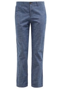 Pantalon bleu décontracté à jambes droites avec passants de ceinture et fermeture par bouton à la taille, fabriqué dans un tissu léger.